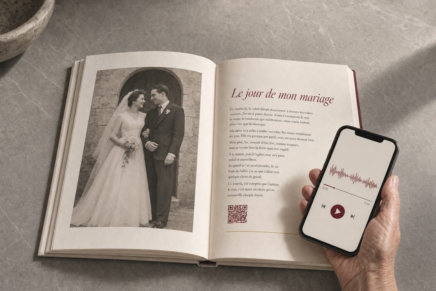 Livre de souvenirs Hérit’âge ouvert sur un chapitre, avec un téléphone qui fait réentendre la voix de la grand-mère grâce au QR code
